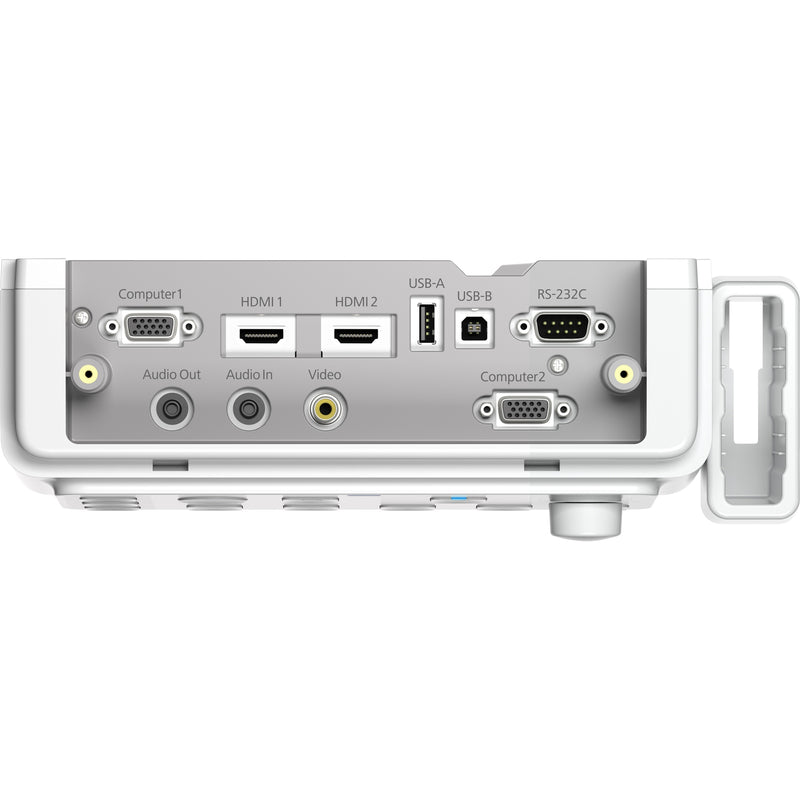 Rear view of Epson PowerLite Pilot 3 showing complete connection panel with multiple ports