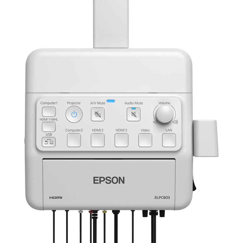 Bottom view of Epson PowerLite Pilot 3 showing multiple input/output ports with connected cables