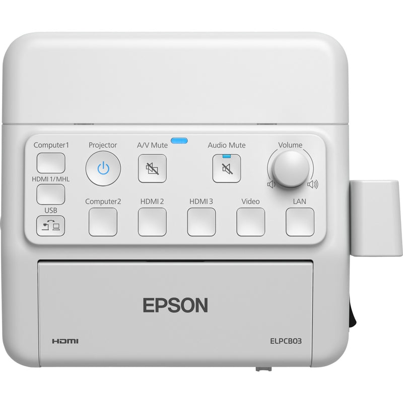 Top view of Epson PowerLite Pilot 3 control panel showing input selection buttons, volume control, and mute options