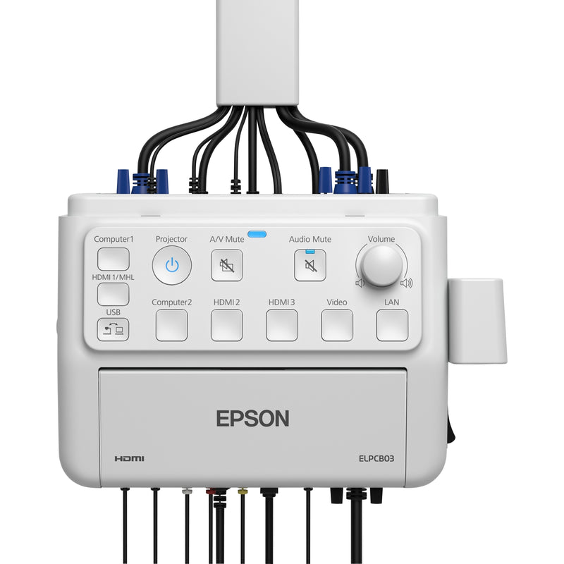 Close-up of Epson PowerLite Pilot 3's cable management system with multiple cables neatly arranged