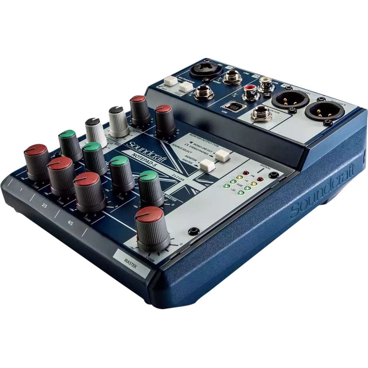 Soundcraft 5085980US Notepad-5 Audio Mixer, 5 Channels, Durable, USB, XLR In/Out, Dark Blue