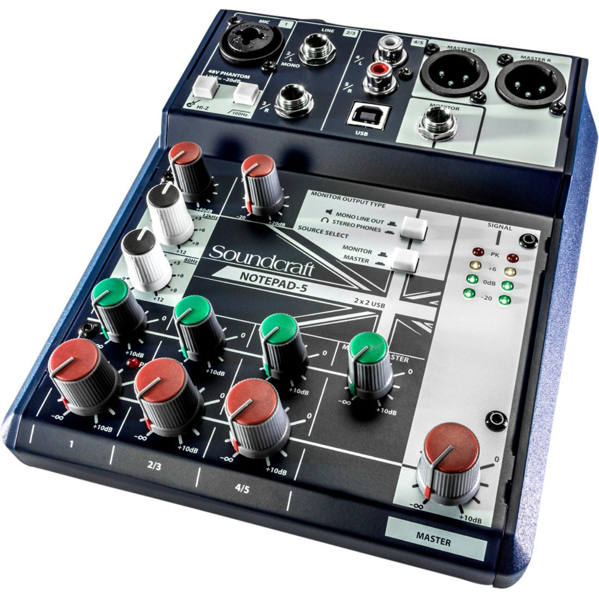 Soundcraft 5085980US Notepad-5 Audio Mixer, 5 Channels, Durable, USB, XLR In/Out, Dark Blue