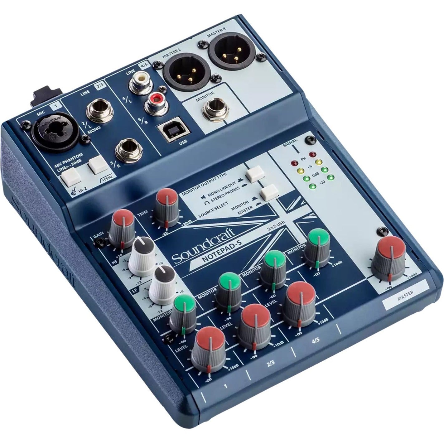 Soundcraft 5085980US Notepad-5 Audio Mixer, 5 Channels, Durable, USB, XLR In/Out, Dark Blue