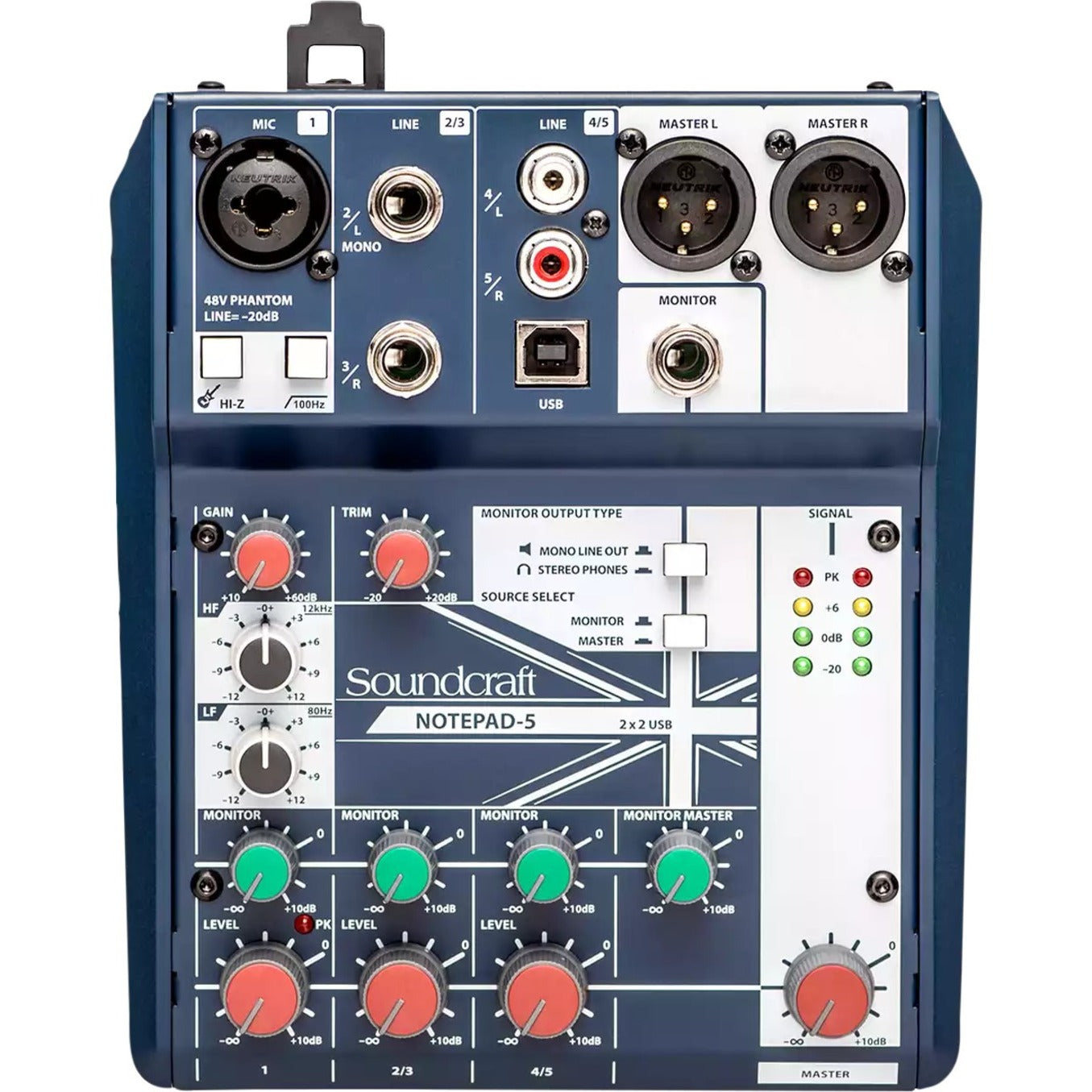 Soundcraft 5085980US Notepad-5 Audio Mixer, 5 Channels, Durable, USB, XLR In/Out, Dark Blue