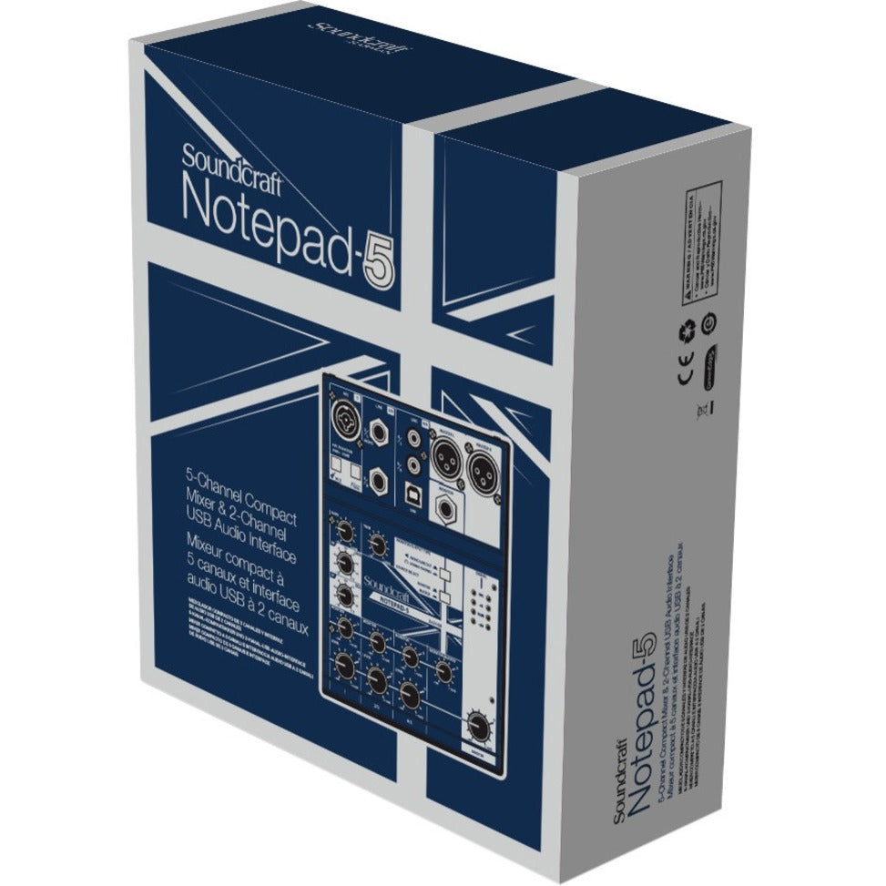 Soundcraft 5085980US Notepad-5 Audio Mixer, 5 Channels, Durable, USB, XLR In/Out, Dark Blue