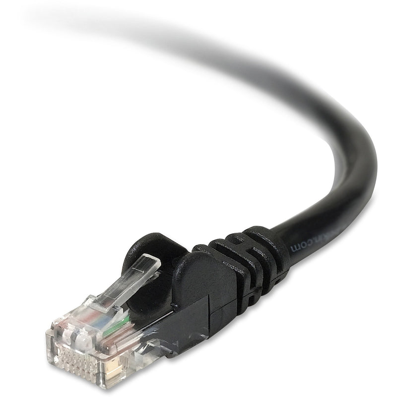 Close-up view of Belkin Cat6 cable's RJ45 connector with transparent housing and black snagless boot