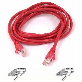 Red Belkin Cat5e network patch cable with snagless RJ45 connectors, 2 feet in length