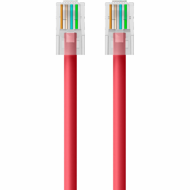 Side view of RJ45 connector highlighting strain relief mechanism on red network cable