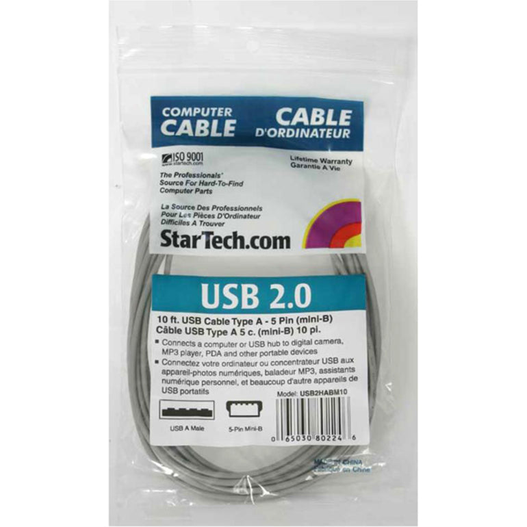 Close-up of StarTech.com USB 2.0 cable packaging showing ISO 9001 certification and product specifications