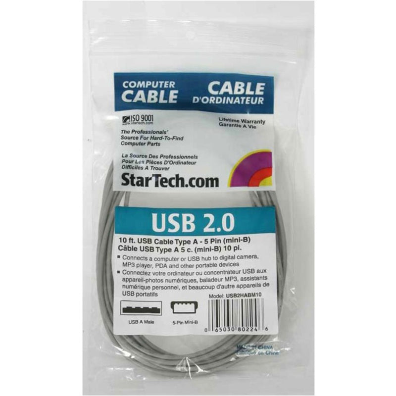 StarTech.com USB 2.0 Type A to Mini-B cable in retail packaging showing 10ft gray cable