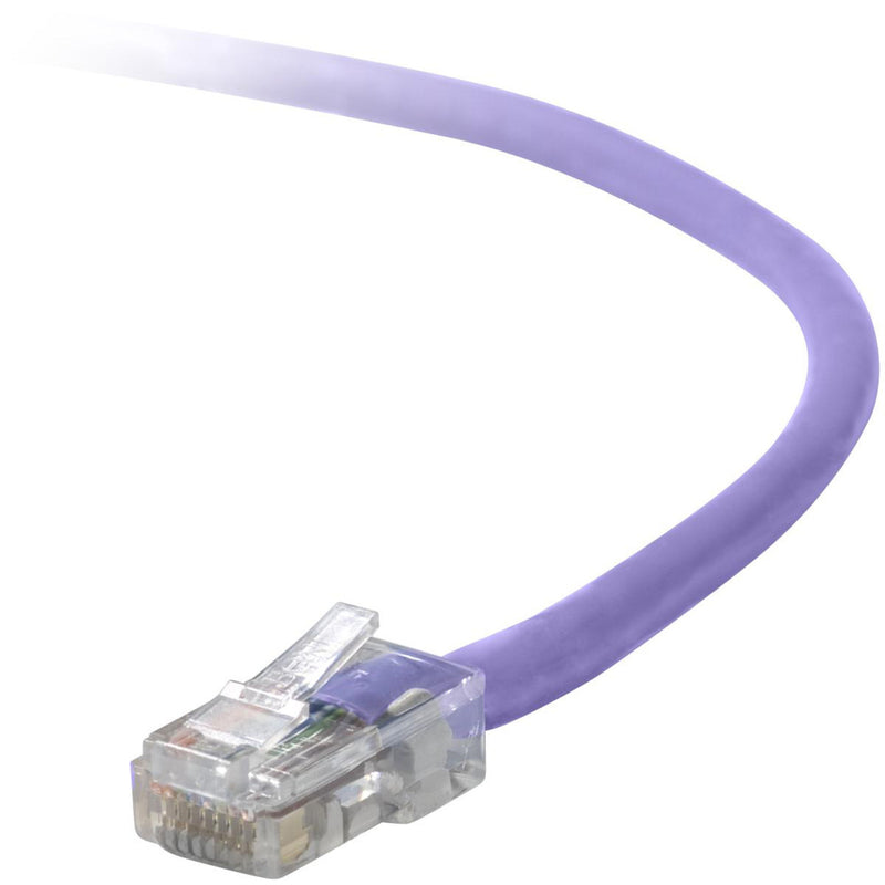 Close-up view of purple Belkin Cat5e network cable with transparent snagless RJ45 connector