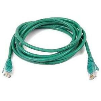 Green Belkin Cat 5e ethernet patch cable with RJ45 connectors showing snagless design