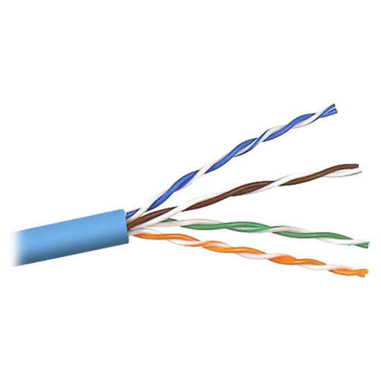 Internal wire structure of Belkin CAT5e network cable showing blue outer jacket and four twisted pairs in blue, orange, green, and brown with white striped pairs