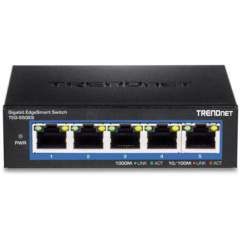 Front view of TRENDnet TEG-S50ES switch displaying all 5 gigabit ports and LED indicators