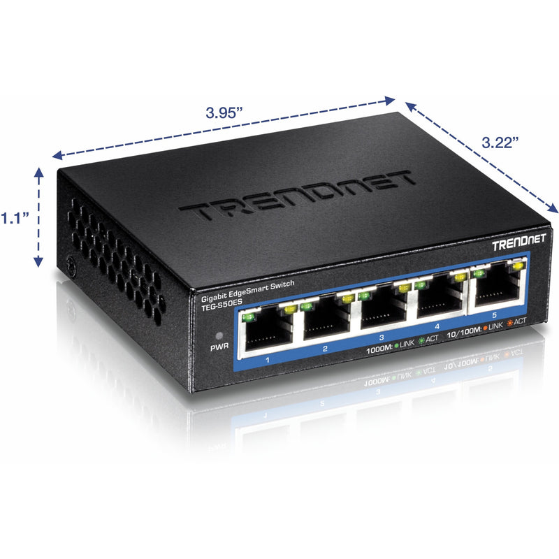 Dimensional view of TRENDnet TEG-S50ES switch showing compact size measurements