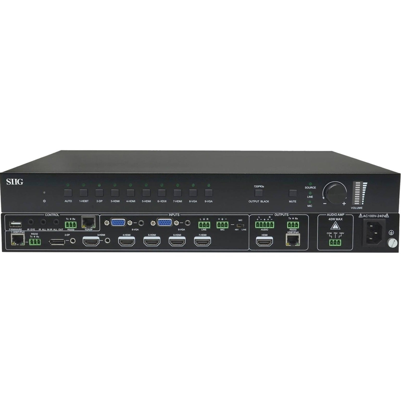 SIIG CE-H24311-S1 9x1 HDBaseT 4K Scaler Switcher, HDMI, VGA, DisplayPort, USB, RJ-45