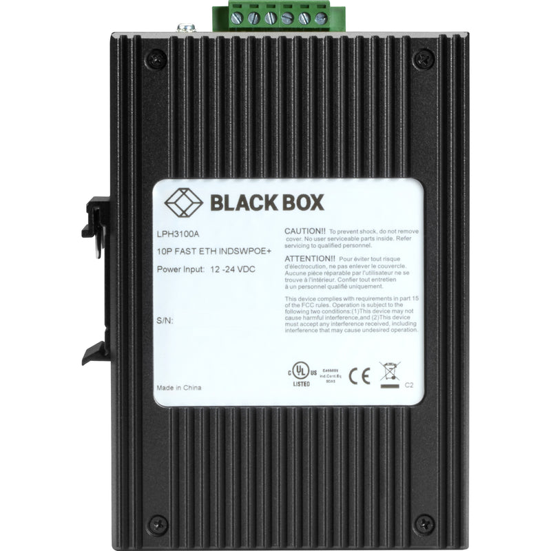 Rear view of Black Box industrial switch showing certification labels and cooling fins