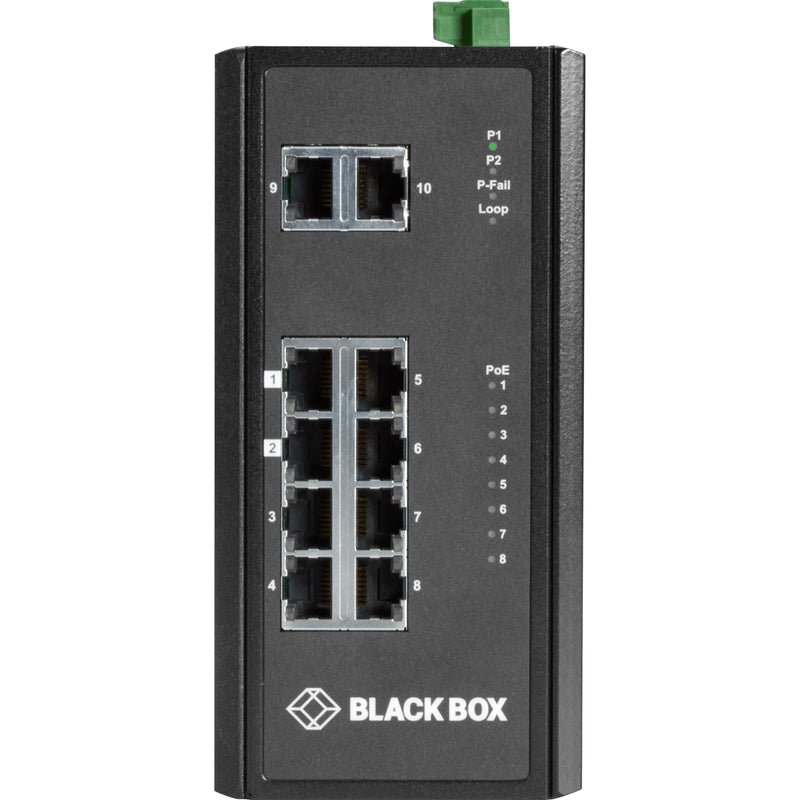 Close-up view of Black Box industrial switch interface showing port layout and LED indicators