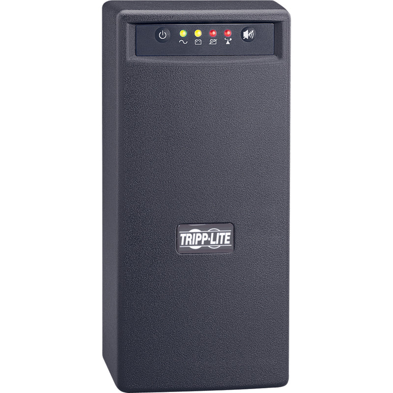 Side angle view of Tripp Lite OMNIVSINT800 UPS showing full tower design and status indicators