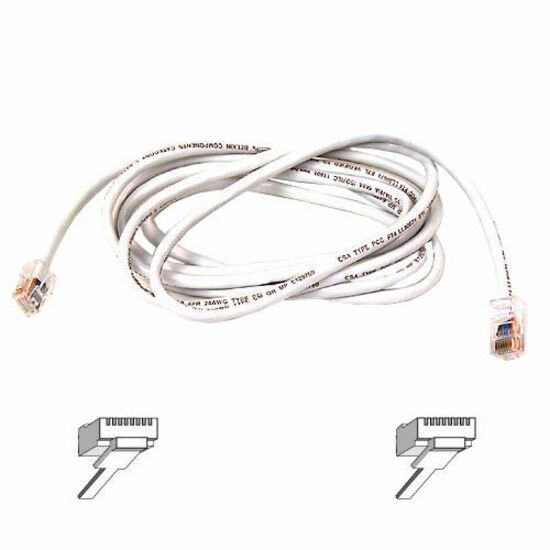 Belkin white Cat6 network cable with snagless RJ45 connectors and technical diagram