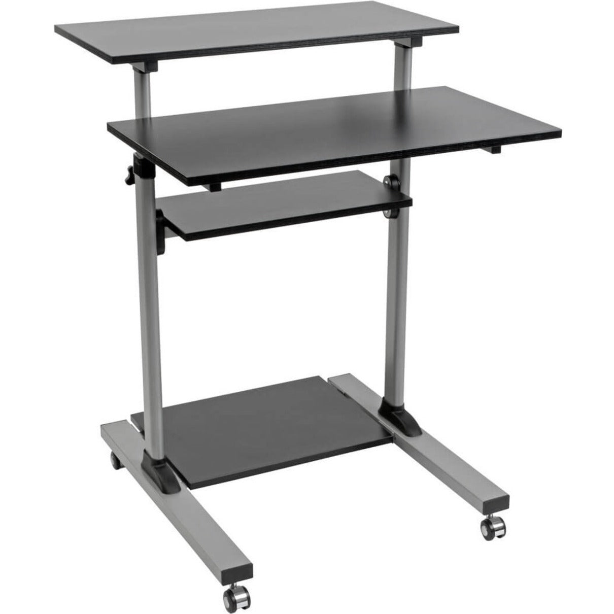 Black mobile standing desk workstation with four adjustable shelves and silver frame on wheels-alternate-image1