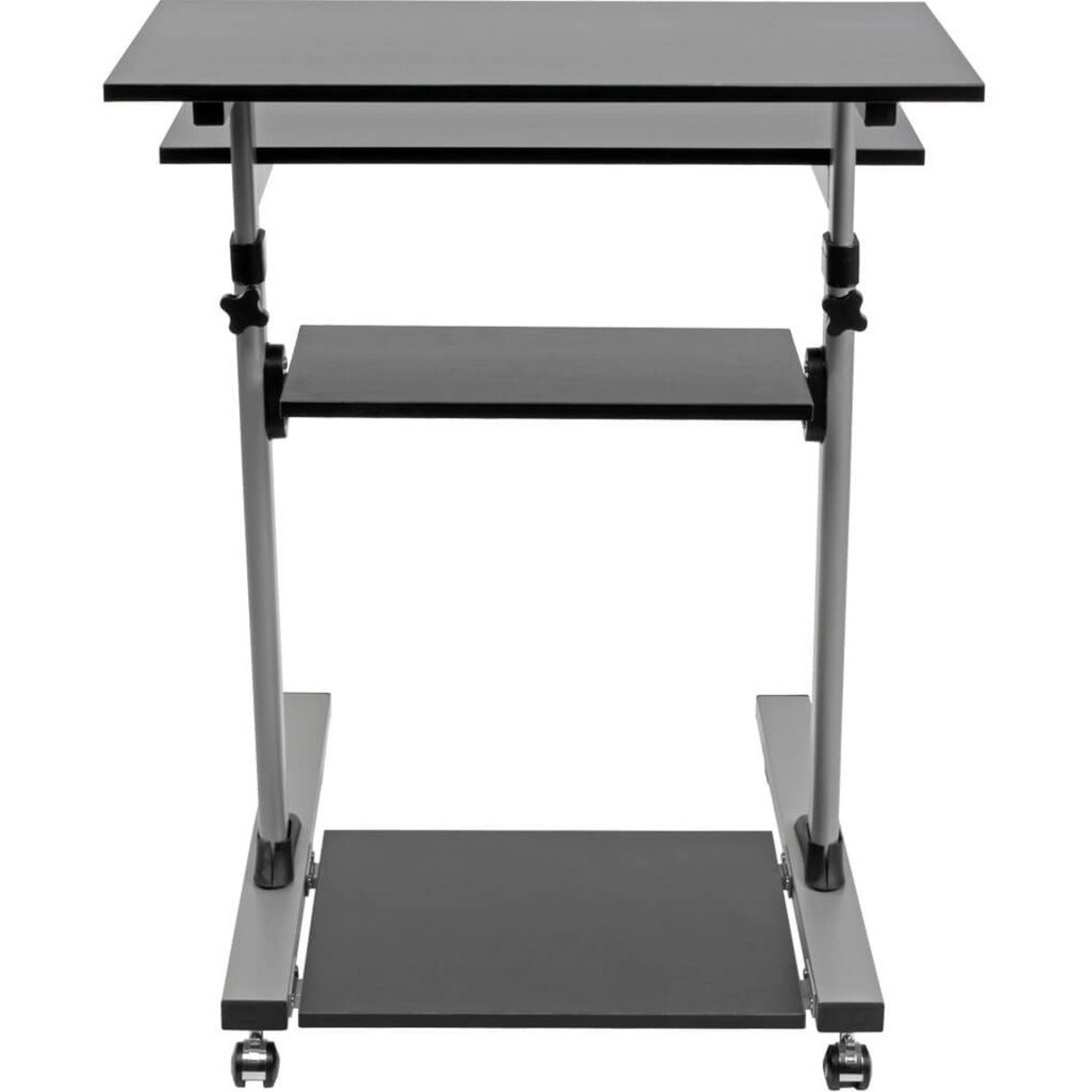 Front view of height adjustable mobile workstation showing adjustment mechanisms and multiple shelves-alternate-image2