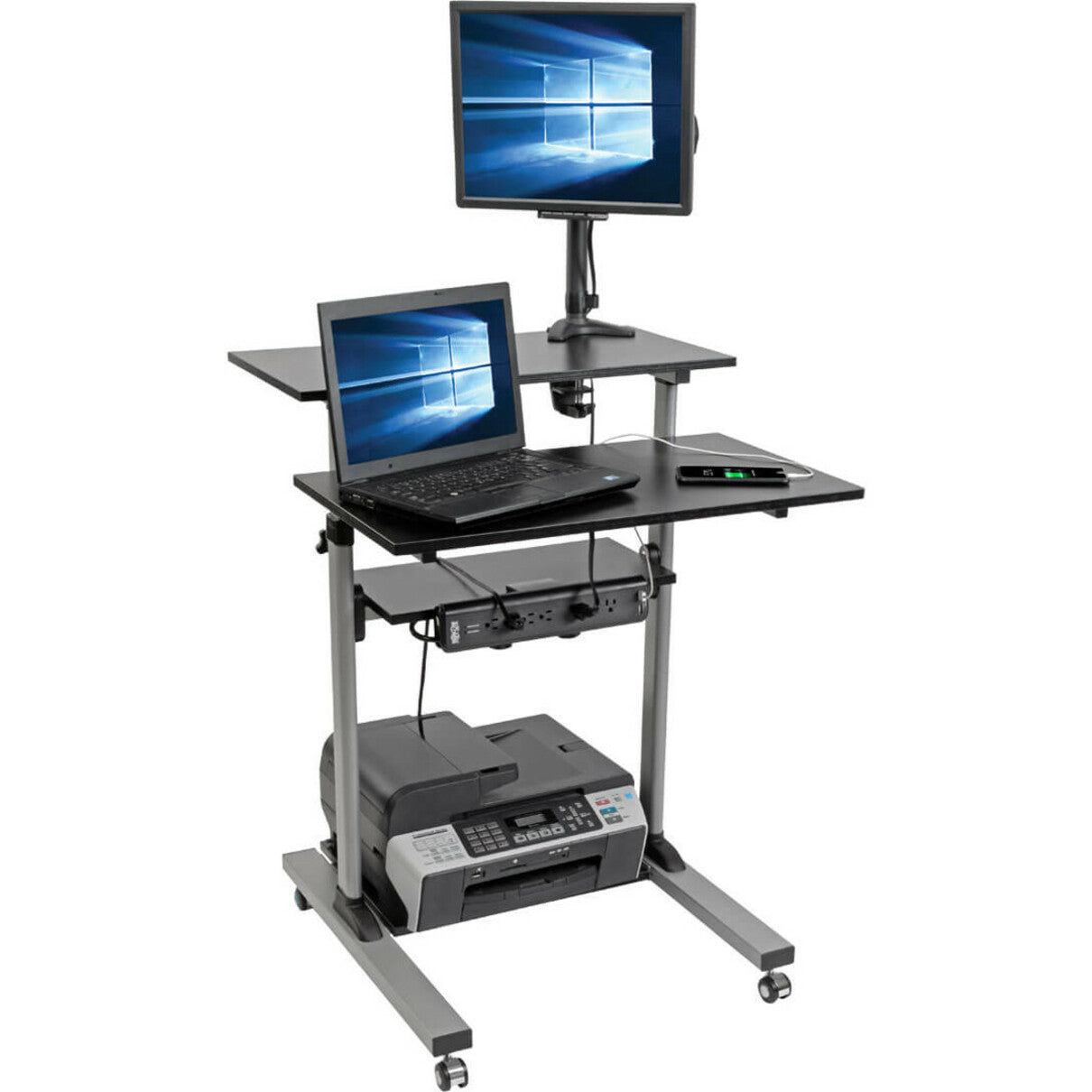 Fully equipped mobile workstation showing monitor, laptop, and printer setup-alternate-image5