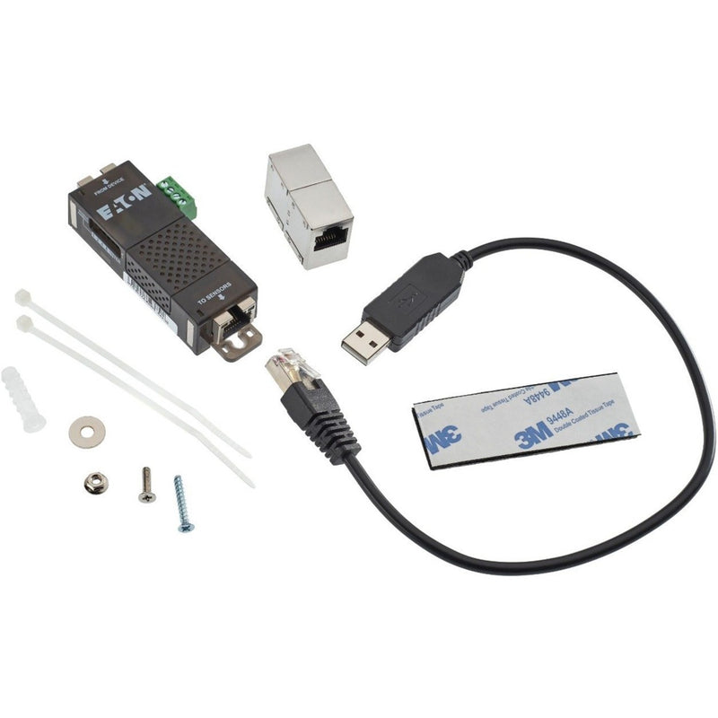 Complete package contents of Eaton EMPDT1H1C2 Environmental Monitoring Probe including mounting hardware and cables