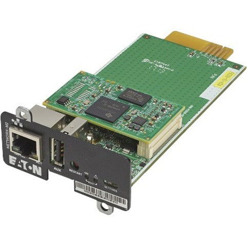 Eaton NETWORK-M2 Gigabit network card showing green PCB board with RJ-45 port and black faceplate