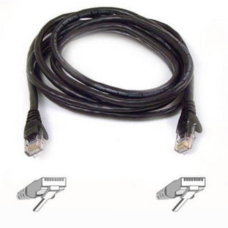 Black Belkin Cat6 network cable with RJ-45 connectors and snagless boots, coiled view with connector icons