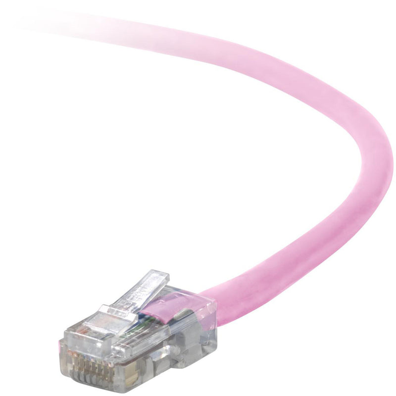 Close-up view of pink Belkin Cat5e network cable with transparent RJ45 connector