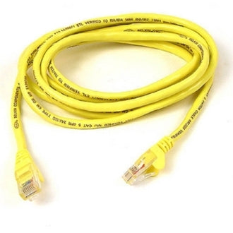 Yellow Belkin Cat5e network patch cable with RJ-45 connectors and snagless moldings, coiled view