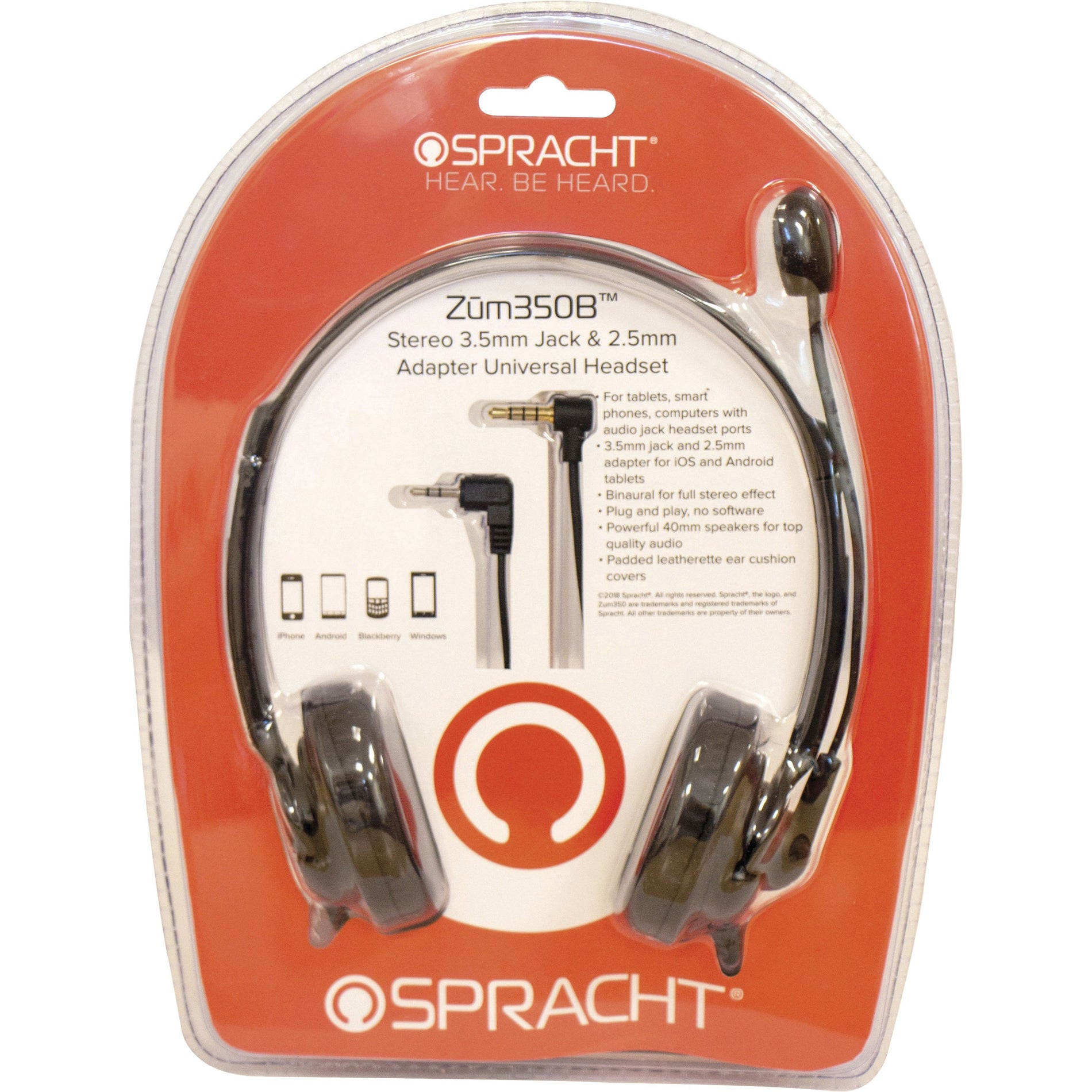 Spracht ZUM350B retail packaging showing headset features and device compatibility-alternate-image2