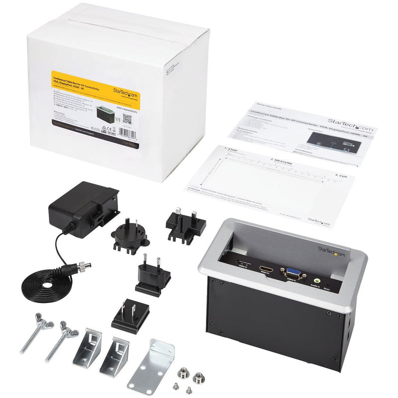 Complete package contents of conference table connectivity box including mounting hardware and accessories