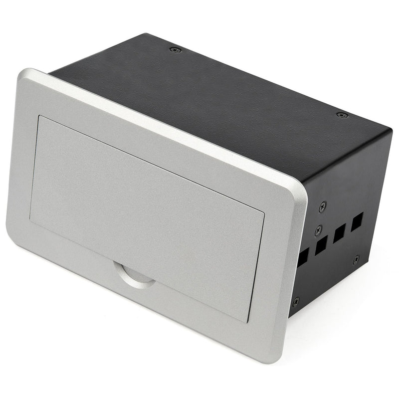 Top view of closed conference table connectivity box showing sleek silver cover panel