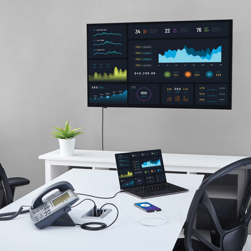 Conference room setup showing connectivity box in use with laptop and display showing business analytics