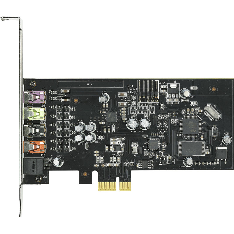 Close-up view of ASUS Xonar SE sound card PCB showing detailed component layout and circuitry