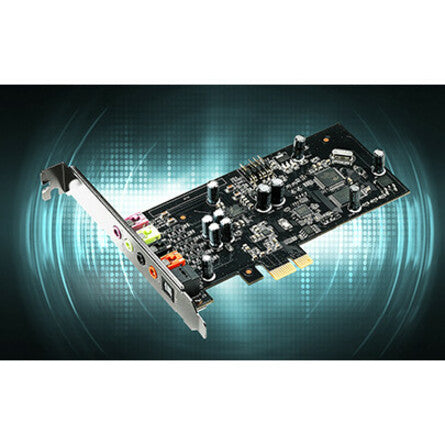 ASUS Xonar SE sound card with dynamic blue lighting effect showing audio waves