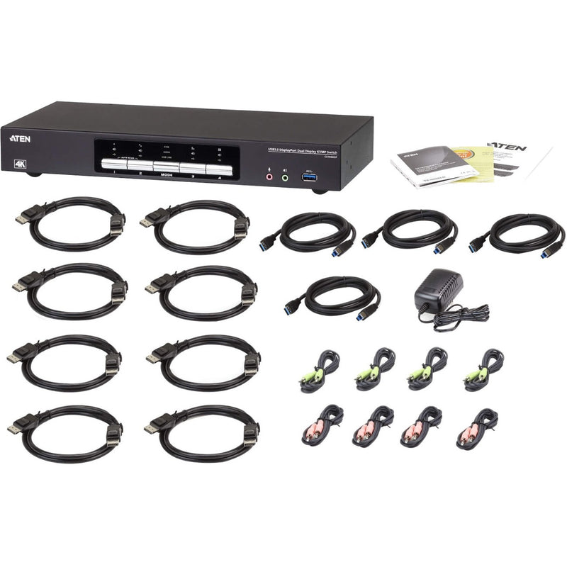 ATEN CS1944DP KVM switch with complete cable package including DisplayPort, USB, and audio cables