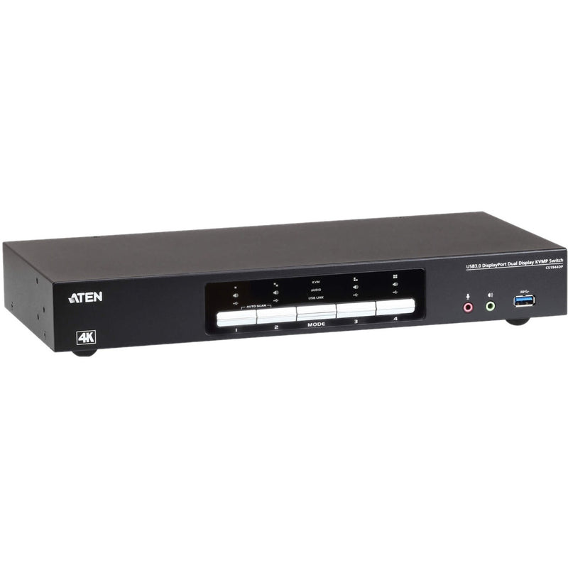 Side angle view of ATEN CS1944DP KVM switch showing 4K capabilities and compact design