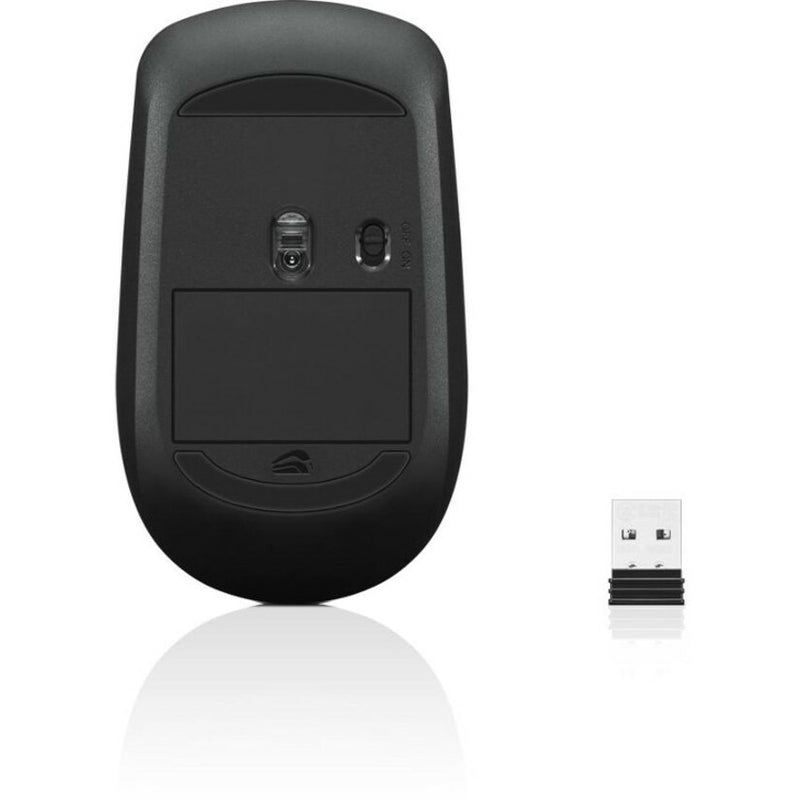 Bottom view of Lenovo 400 Wireless Mouse showing battery compartment and optical sensor