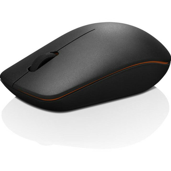 Three-quarter view of Lenovo 400 Wireless Mouse showing curved design and orange accent