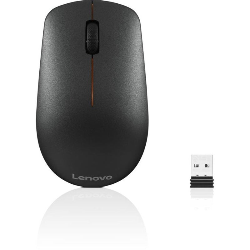 Top view of Lenovo 400 Wireless Mouse in black with orange accent and USB receiver