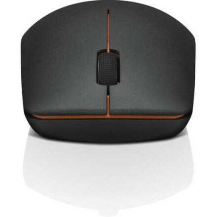 Front view of Lenovo 400 Wireless Mouse highlighting ergonomic design and orange accent