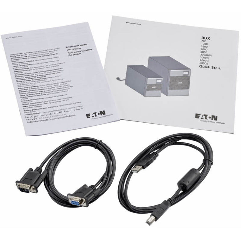 Package contents showing cables, manuals, and quick start guide for Eaton 9SX UPS