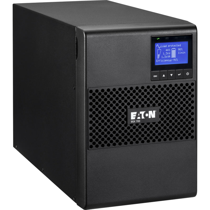 Front view of Eaton 9SX700 UPS showing LCD display screen and honeycomb ventilation panel