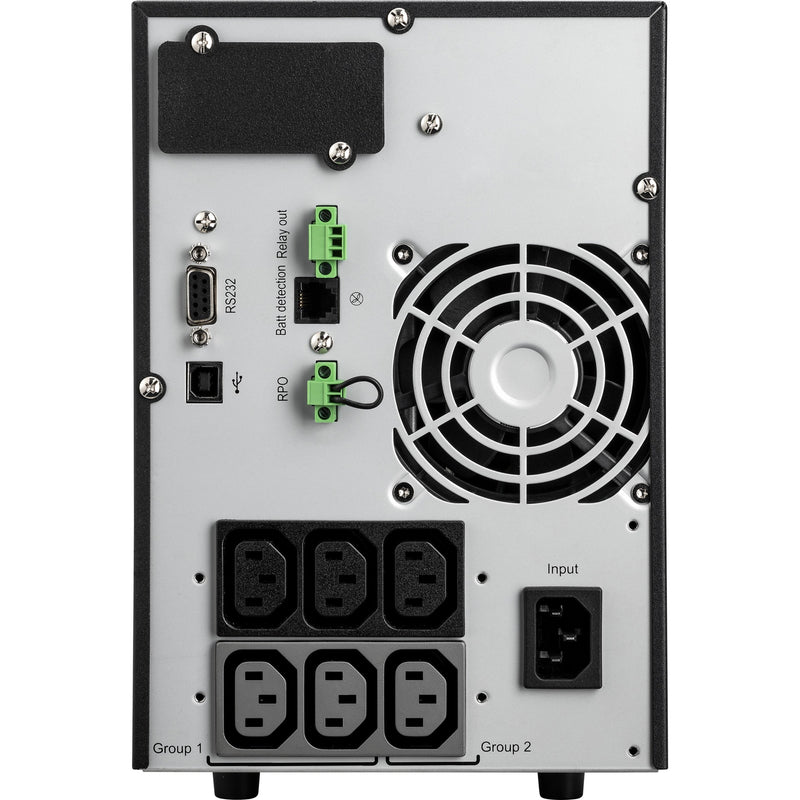 Rear panel view of Eaton 9SX700 showing ports, outlets, and cooling fan