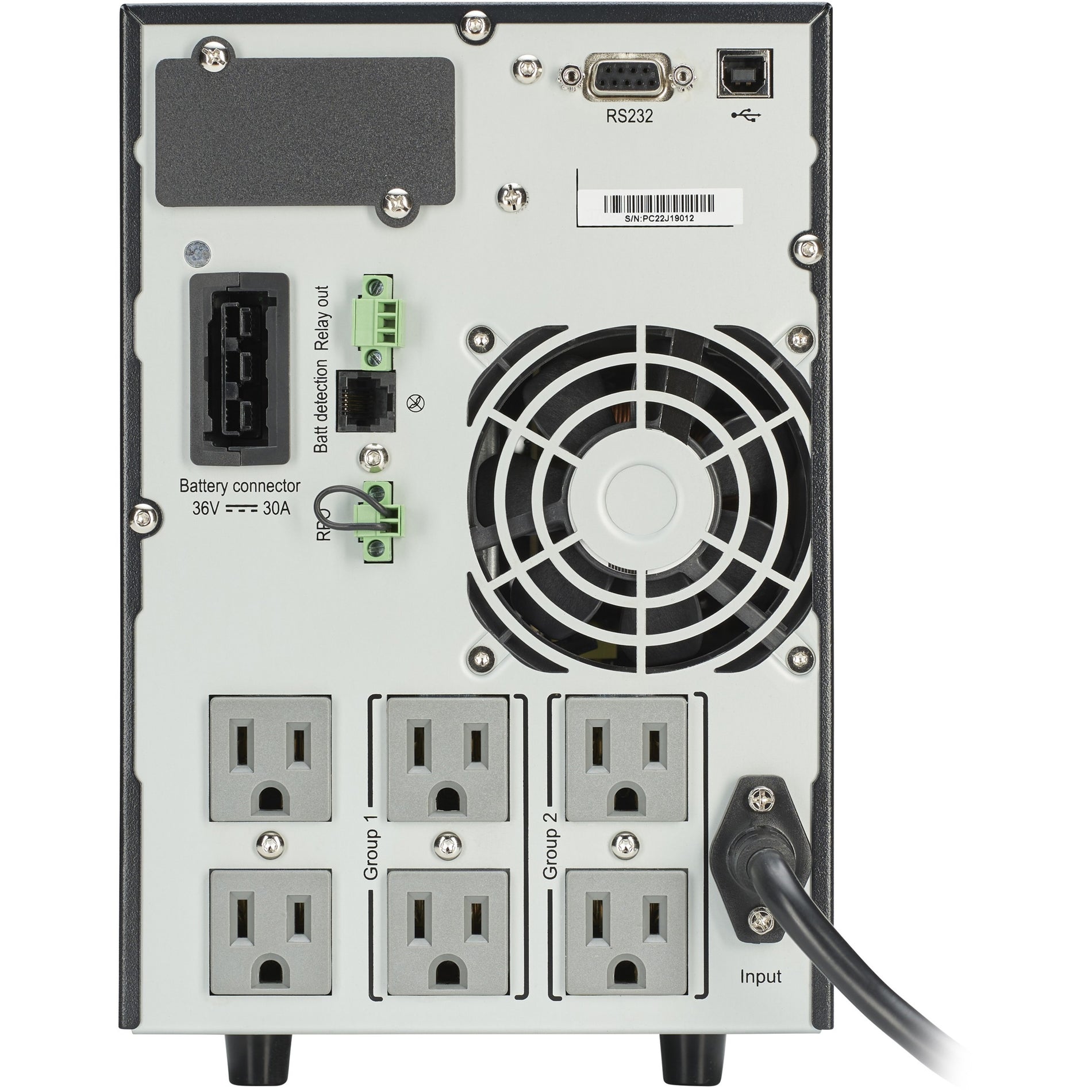 Rear view of Eaton 9SX1000 UPS showing outlets, ports, and cooling system-alternate-image3