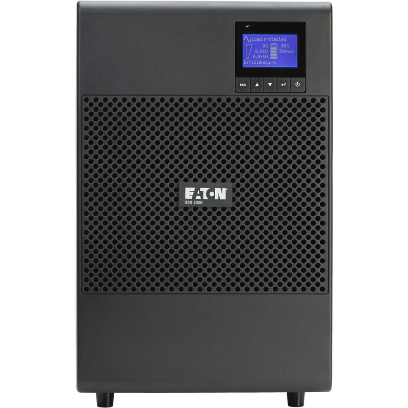 Front view of Eaton 9SX2000 UPS showing LCD display and honeycomb ventilation panel