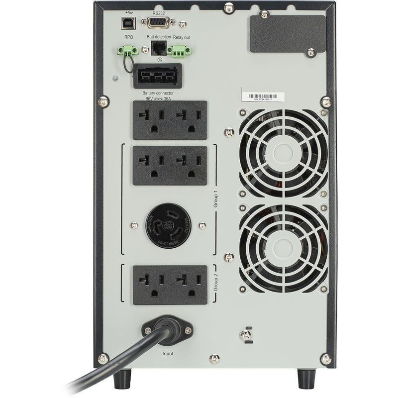 Rear panel view of Eaton 9SX2000 UPS showing outlets, fans, and connectivity ports